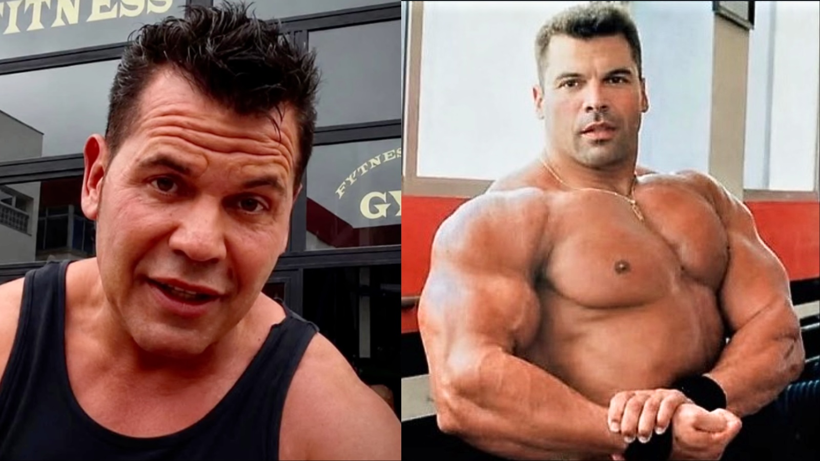 Um homem musculoso em pose de flexão, com um martelo de treino na mão e um frasco de suplemento ao lado