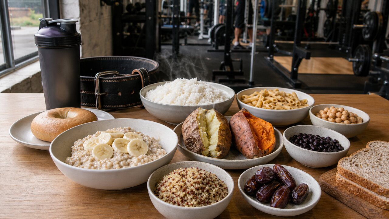 Pão integral e frutas frescas sobre uma mesa de treinador