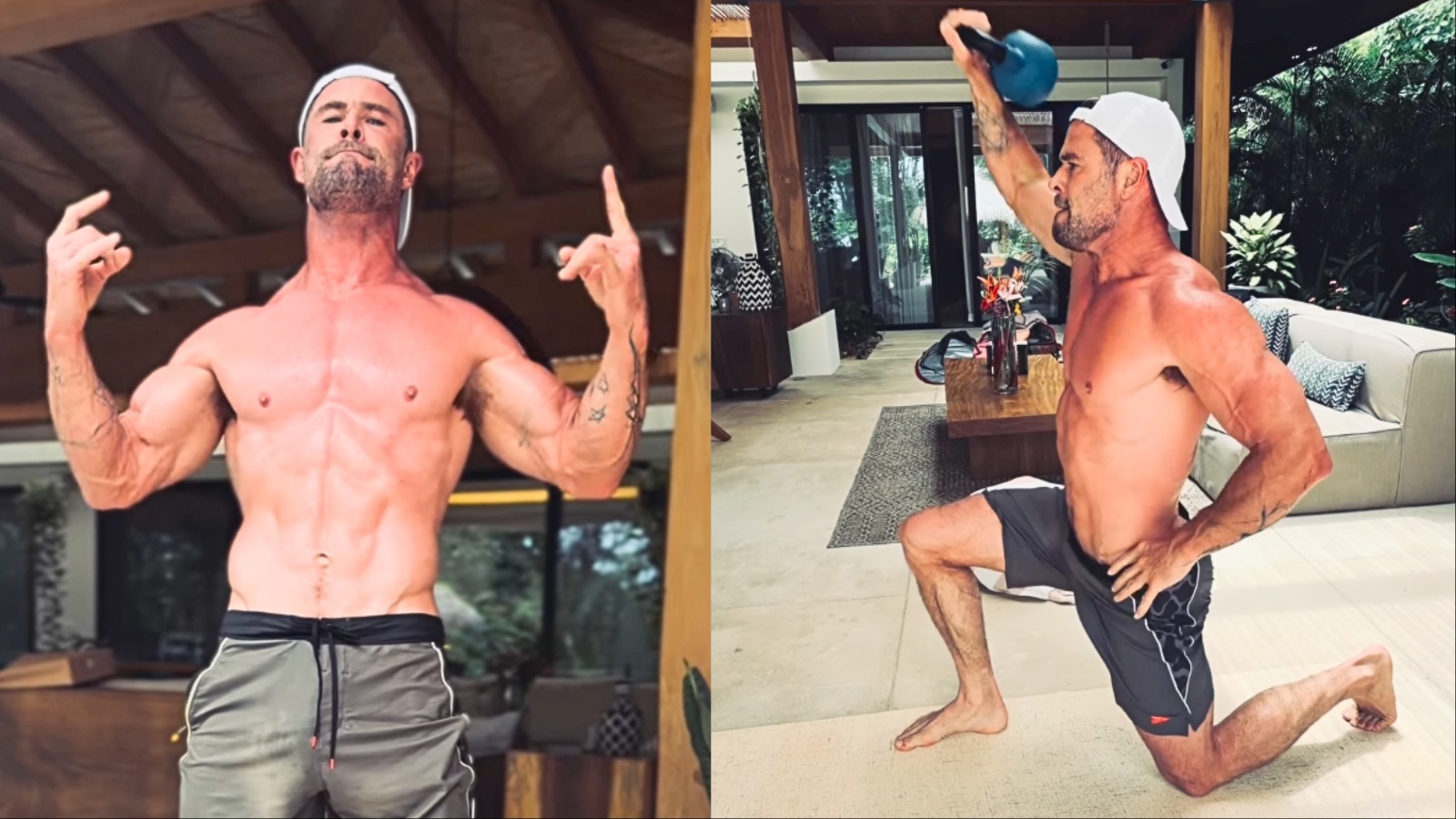 Chris Hemsworth levanta um kettlebell cinza enquanto faz agachamento, com bandas elásticas penduradas ao fundo