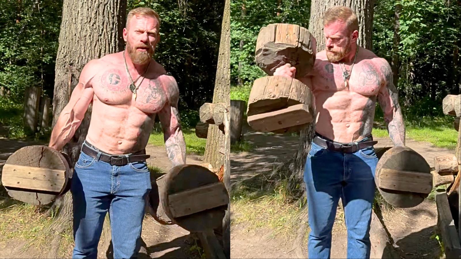 Dennis Wolf, musculoso, levanta halteres pesados ao ar livre, vestindo regata, ao lado de uma garrafa de whey e um prato de ovos