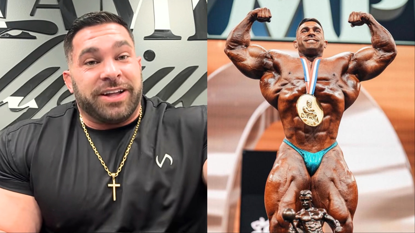 Um homem musculoso, com um sorriso confiante, segurando uma taça do Mr. Olympia ao fundo, com uma fruta saudável, como uma maçã, ao seu lado