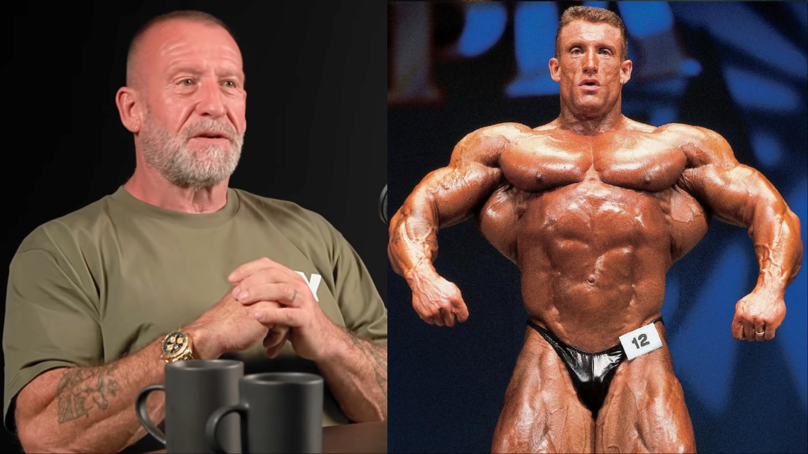 Dorian Yates em pé, segurando barra carregada, suor escorrendo, enquanto executa um supino intenso até a falha