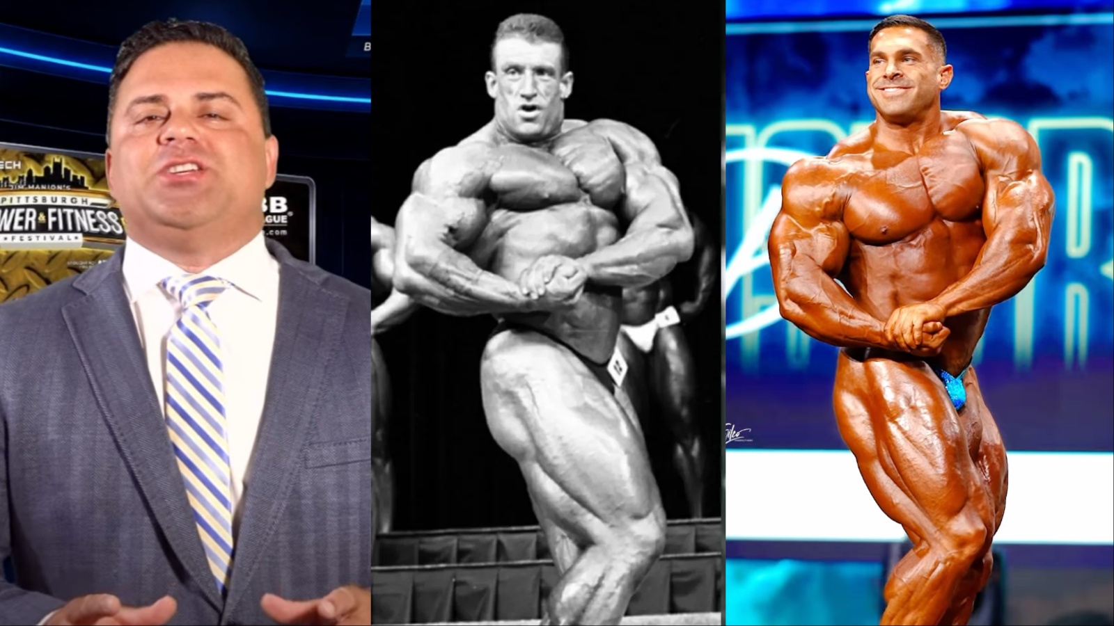 Derek Lunsford posando com musculatura definida sob luzes intensas de palco em uma competição de fisiculturismo