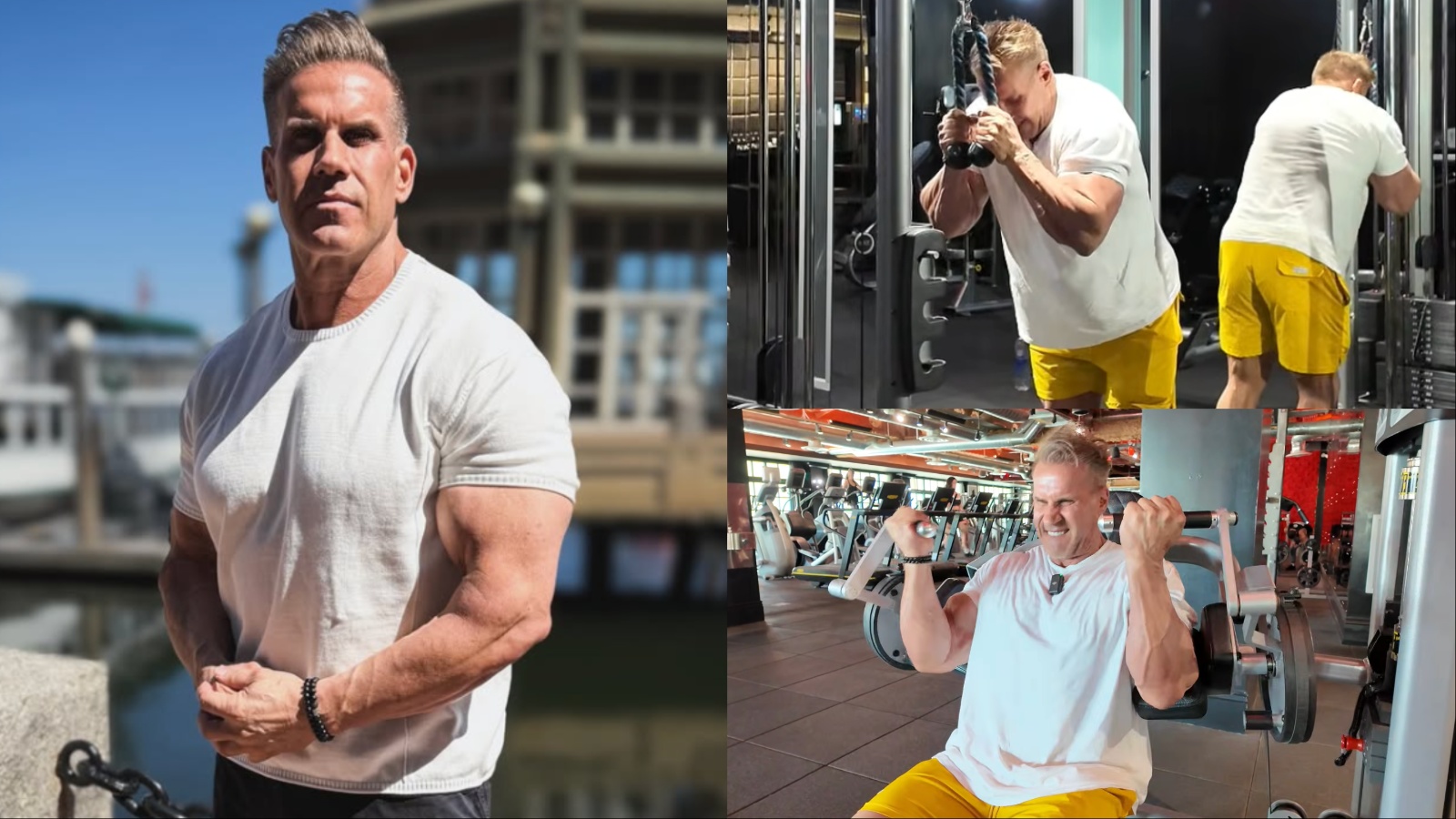 Homem musculoso com braços em posição de pressão de braço, com peso no braço direito e a mão esquerda apoiada no quadril