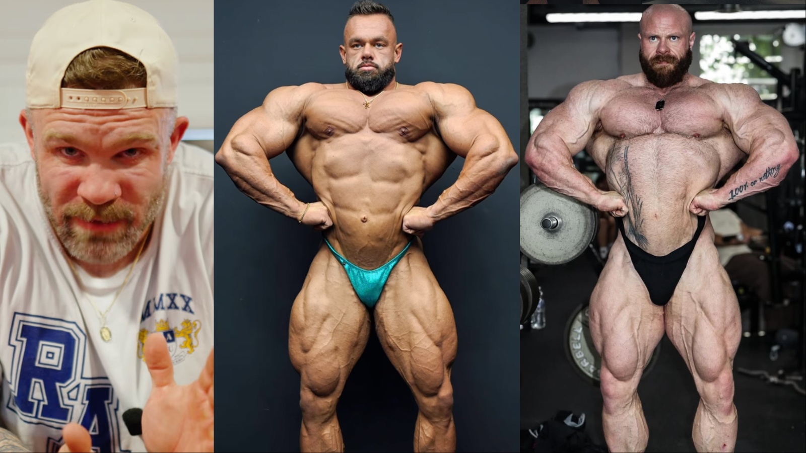Um atleta muscular em pose, segurando um prato de frango grelhado e legumes