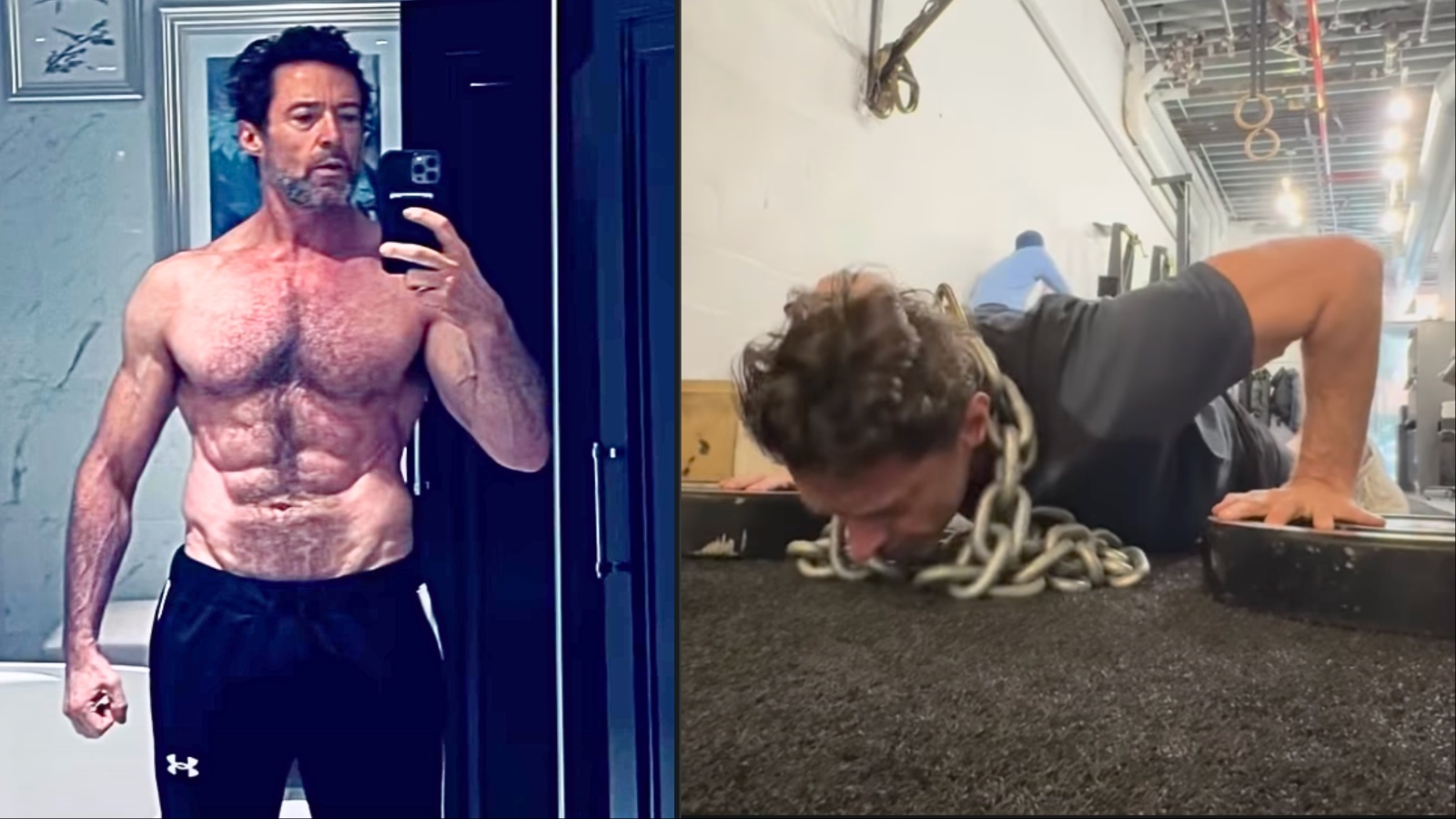 Um homem em uma pose de push-up com correntes penduradas nos pés