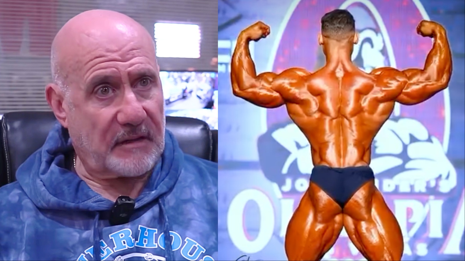 Um atleta de musculatura desenvolvida, com pesoas e barra de remo, em pose de flexão de costas